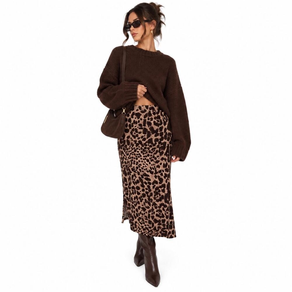 Vintage Y2K Guess Collection 100% Silk Leopard Midi Skirt NWT L